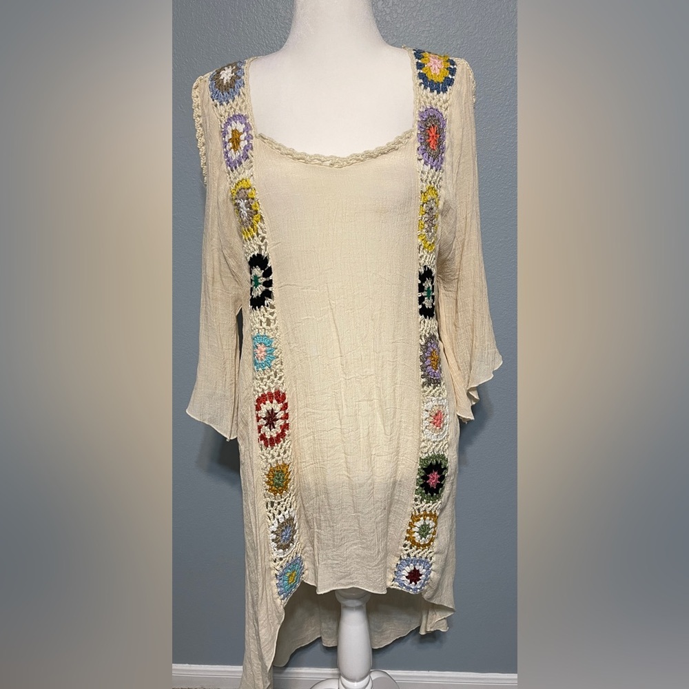 Boho Crochet Trim Tunic Top Dress Cream Gauze Granny Square Kimono Medium